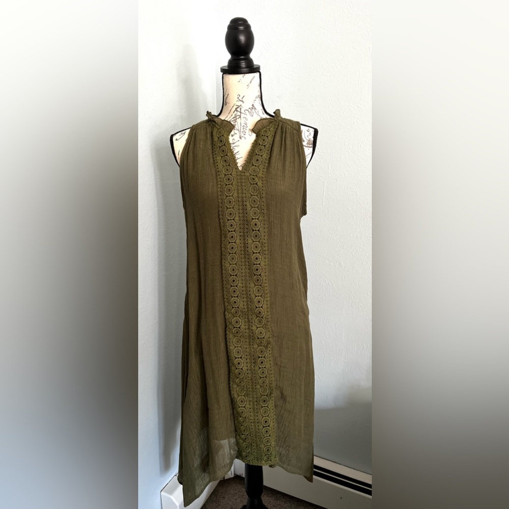 Indigo Rose MIDI Dress Handkerchief hem Size XL olive green lace detail